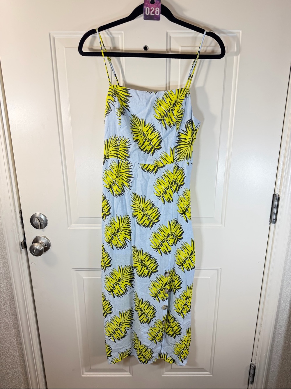 Lilyful Tropical Palm Midi Dress Women’s Medium Blue Yellow Vacation 028